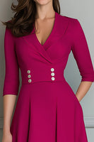 Load image into Gallery viewer, Fuchsia Satin V-Neck A Line Midi Work Dress with Pockets
