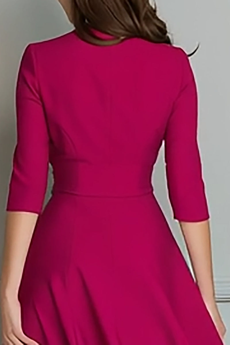 Load image into Gallery viewer, Fuchsia Satin V-Neck A Line Midi Work Dress with Pockets