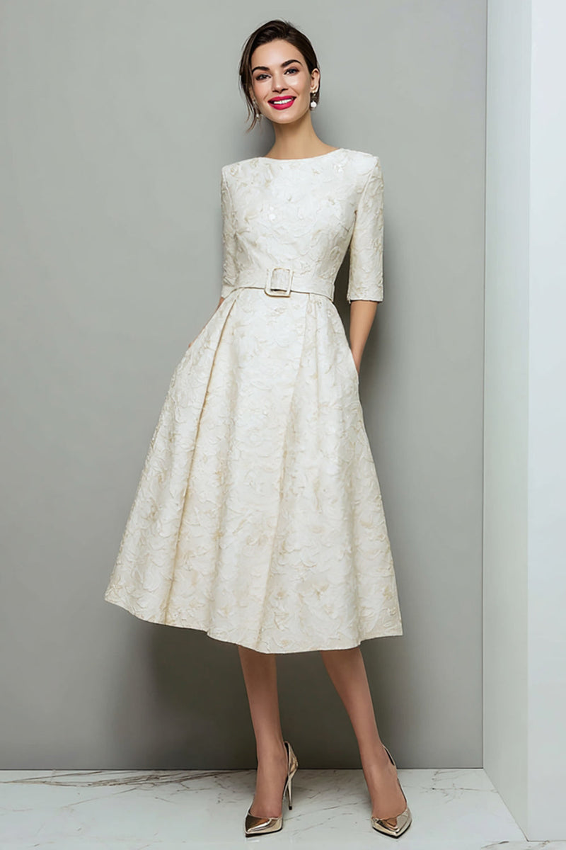 Load image into Gallery viewer, Ivory A Line Jacquard Half Sleeves Midi Work Dress with Pockets