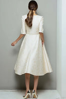 Load image into Gallery viewer, Ivory A Line Jacquard Half Sleeves Midi Work Dress with Pockets