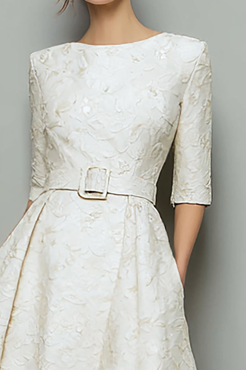 Load image into Gallery viewer, Ivory A Line Jacquard Half Sleeves Midi Work Dress with Pockets