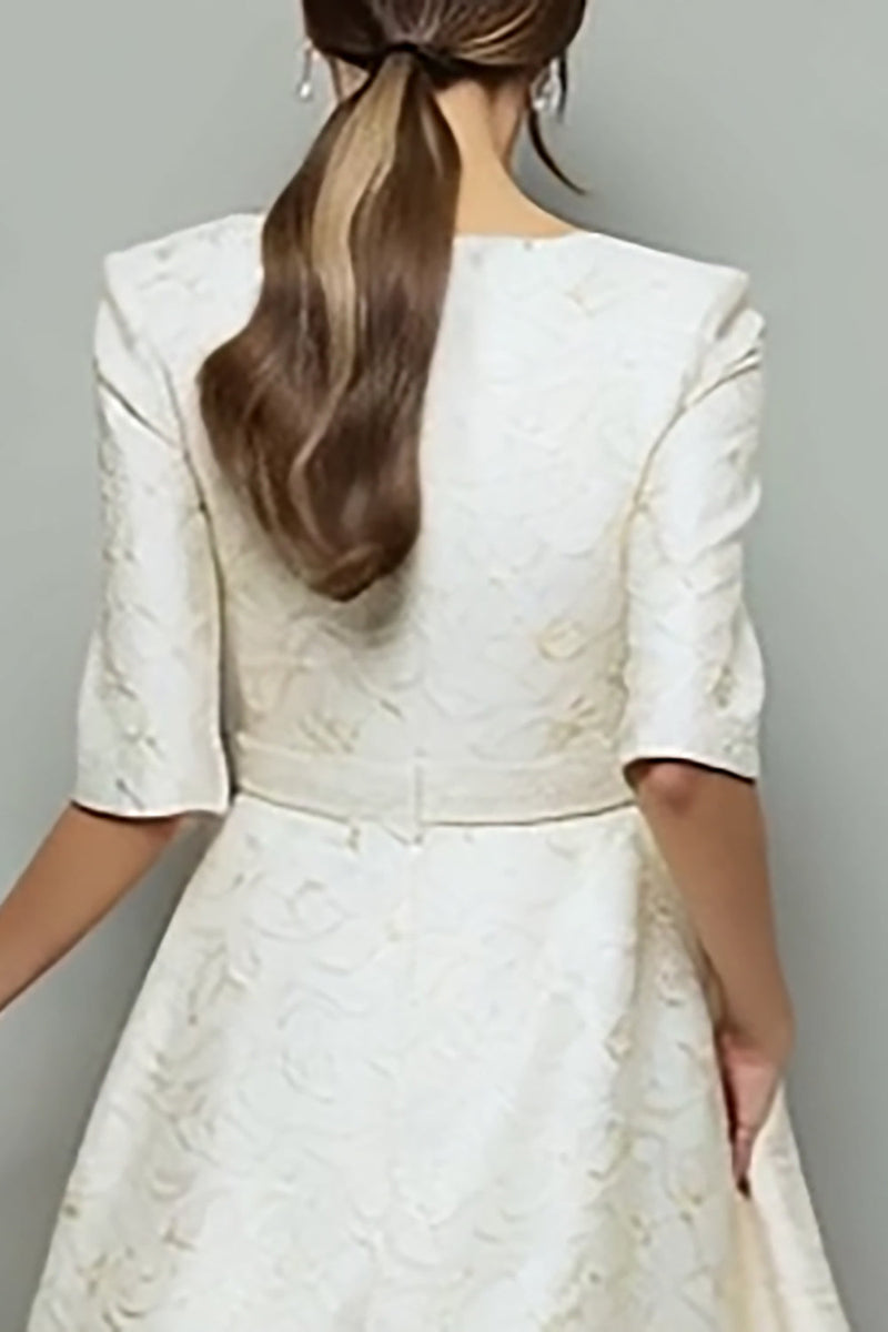 Load image into Gallery viewer, Ivory A Line Jacquard Half Sleeves Midi Work Dress with Pockets