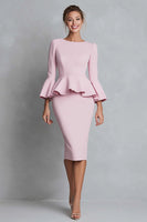 Load image into Gallery viewer, Pink Pencil Midi Work Dress with Slit Crepe Boat Neck Ruffled Business Dress with Sleeves