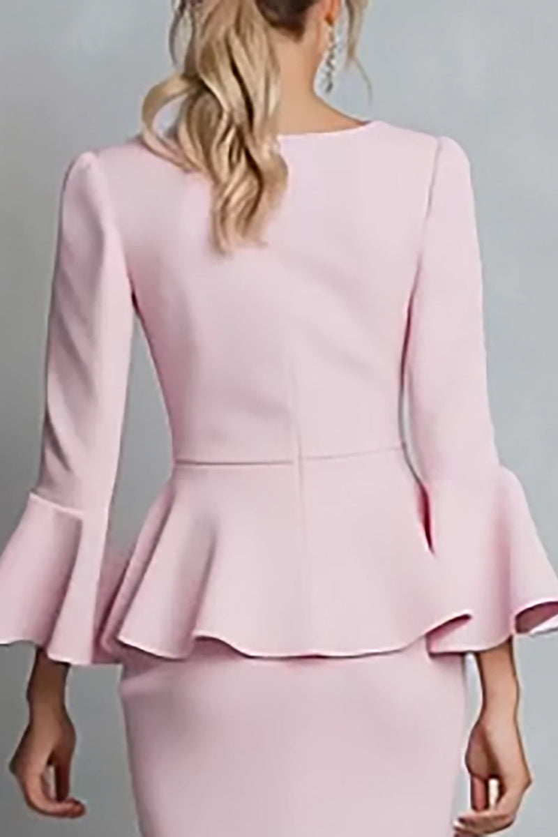 Load image into Gallery viewer, Pink Pencil Crepe Ruffled Boat Neck Midi Work Dress with Sleeves