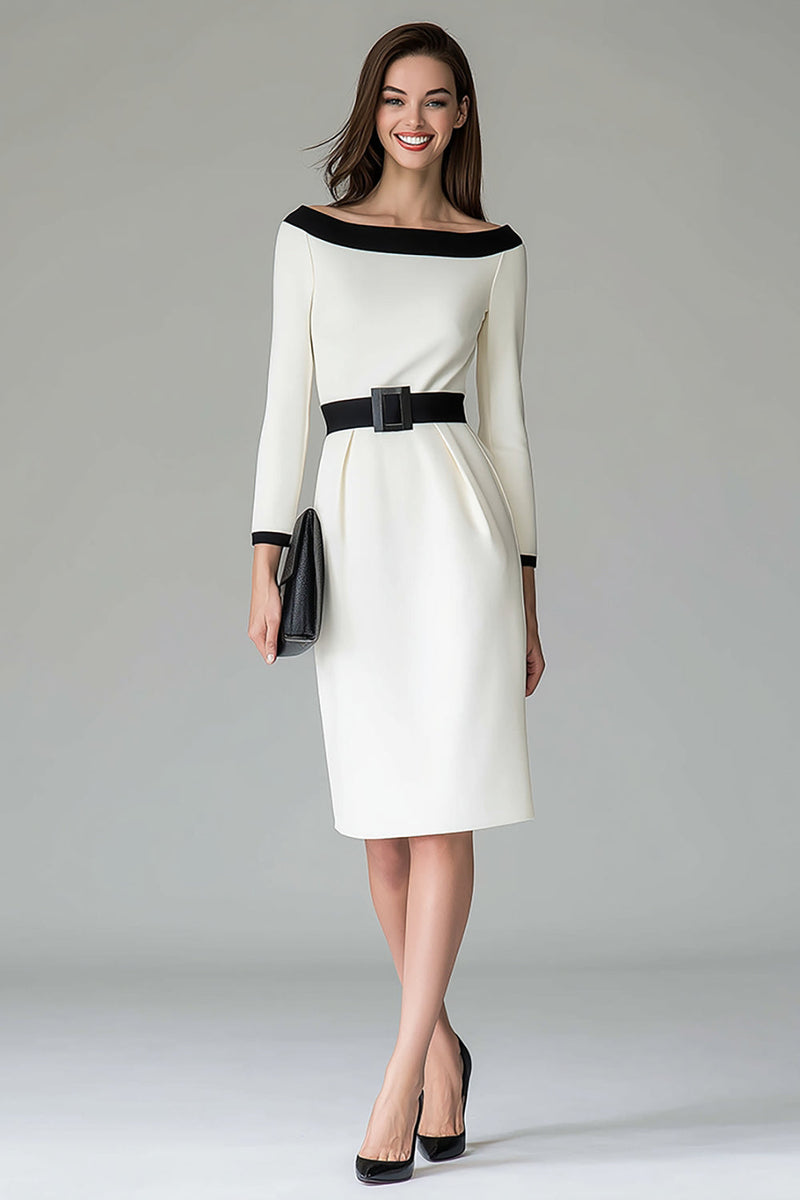 Load image into Gallery viewer, Black and White Pencil Off The Shoulder Midi Work Dress with Belts
