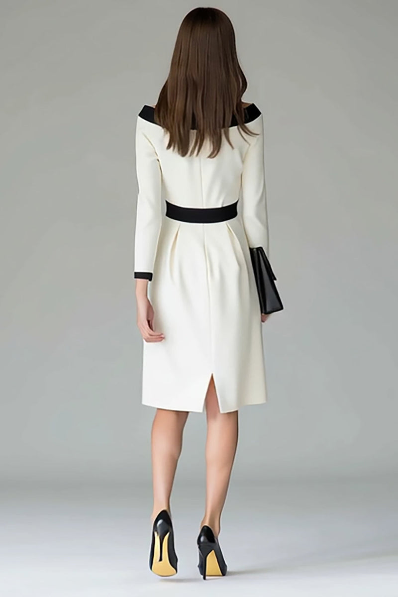 Load image into Gallery viewer, Black and White Pencil Off The Shoulder Midi Work Dress with Belts