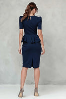 Load image into Gallery viewer, Navy Crepe Pencil V-Neck Ruffled Midi Work Dress with Sleeves