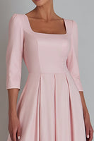 Load image into Gallery viewer, Pink Square Neck Satin A Line Long Work Dress with Sleeves