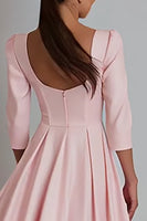 Load image into Gallery viewer, Pink Square Neck Satin A Line Long Work Dress with Sleeves