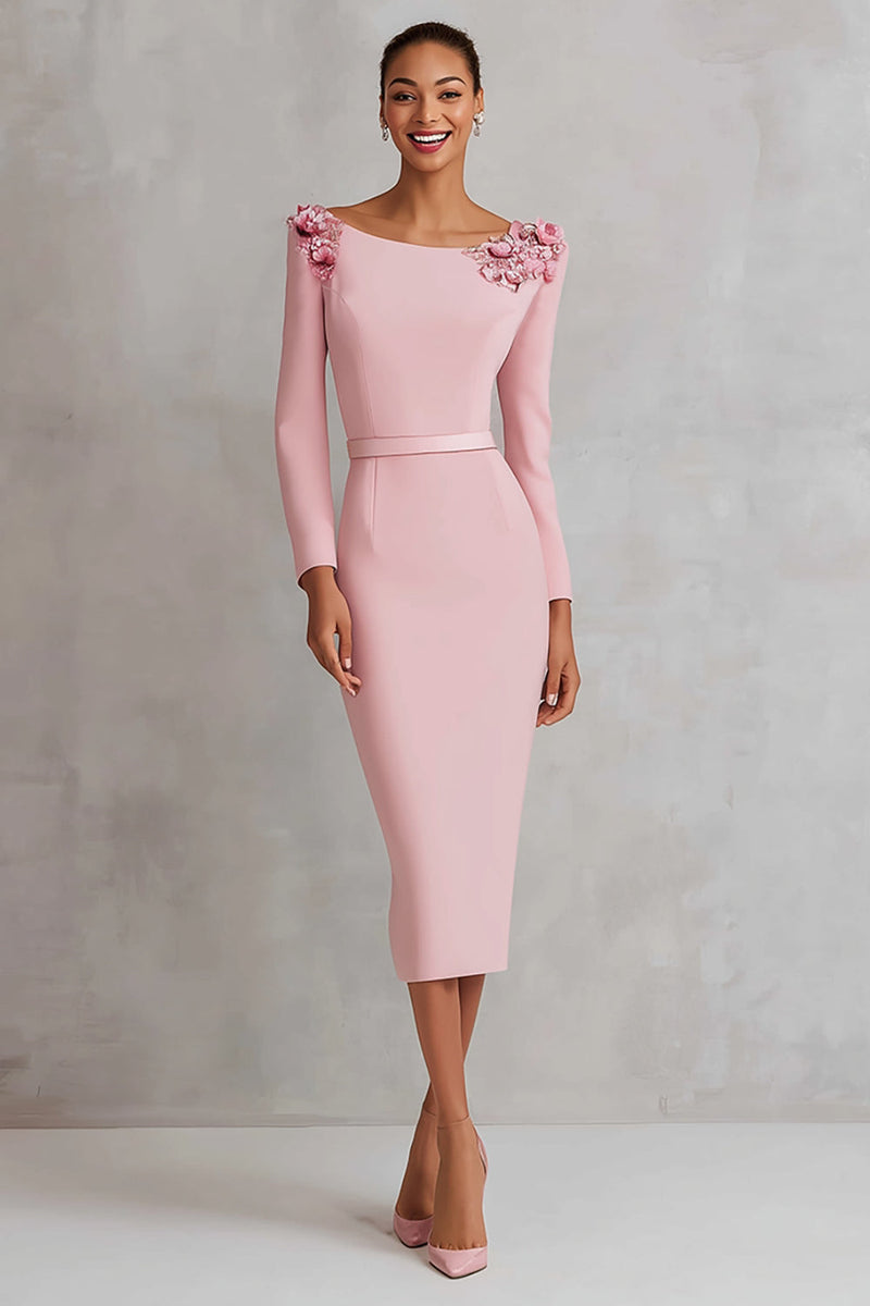 Load image into Gallery viewer, Floral Pink Pencil Boat Neck Long Sleeves Midi Work Dress with Slit