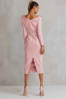 Floral Pink Pencil Boat Neck Long Sleeves Midi Work Dress with Slit