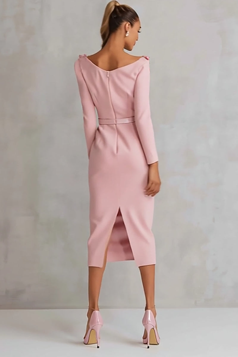 Load image into Gallery viewer, Floral Pink Pencil Boat Neck Long Sleeves Midi Work Dress with Slit