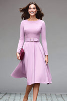 Load image into Gallery viewer, Simple Lilac A Line Crepe Round Neck Midi Work Dress with Belts