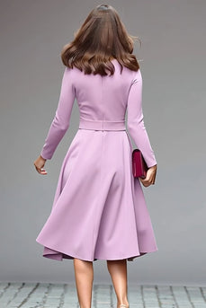 Simple Lilac A Line Crepe Round Neck Midi Work Dress with Belts