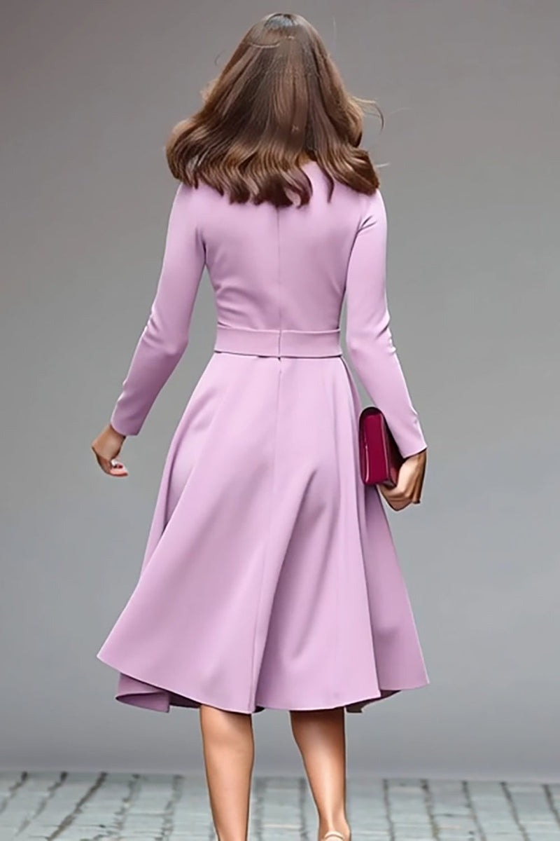 Load image into Gallery viewer, Simple Lilac A Line Crepe Round Neck Midi Work Dress with Belts