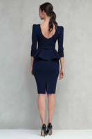 Load image into Gallery viewer, Navy Square Neck Pencil Ruffled Midi Work Dress with Belts