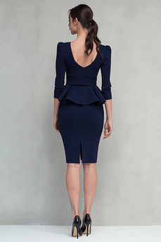 Navy Square Neck Pencil Ruffled Midi Work Dress with Belts