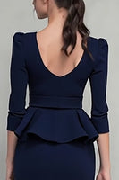Load image into Gallery viewer, Navy Square Neck Pencil Ruffled Midi Work Dress with Belts