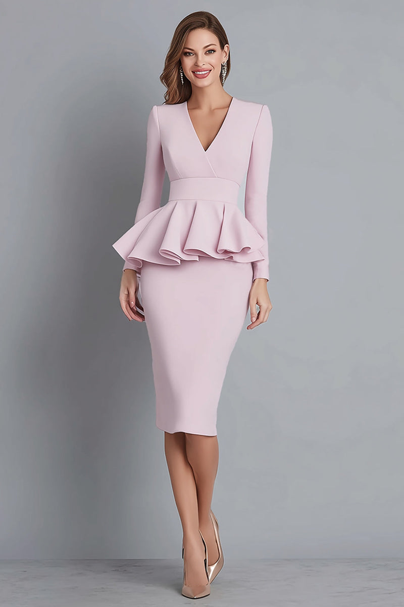 Load image into Gallery viewer, Pink Crepe Pencil V-Neck Long Sleeves Midi Work Dress with Ruffles