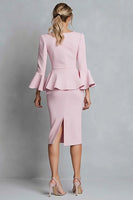 Load image into Gallery viewer, Pink Crepe Pencil V-Neck Long Sleeves Midi Work Dress with Ruffles