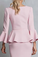 Load image into Gallery viewer, Pink Crepe Pencil V-Neck Long Sleeves Midi Work Dress with Ruffles