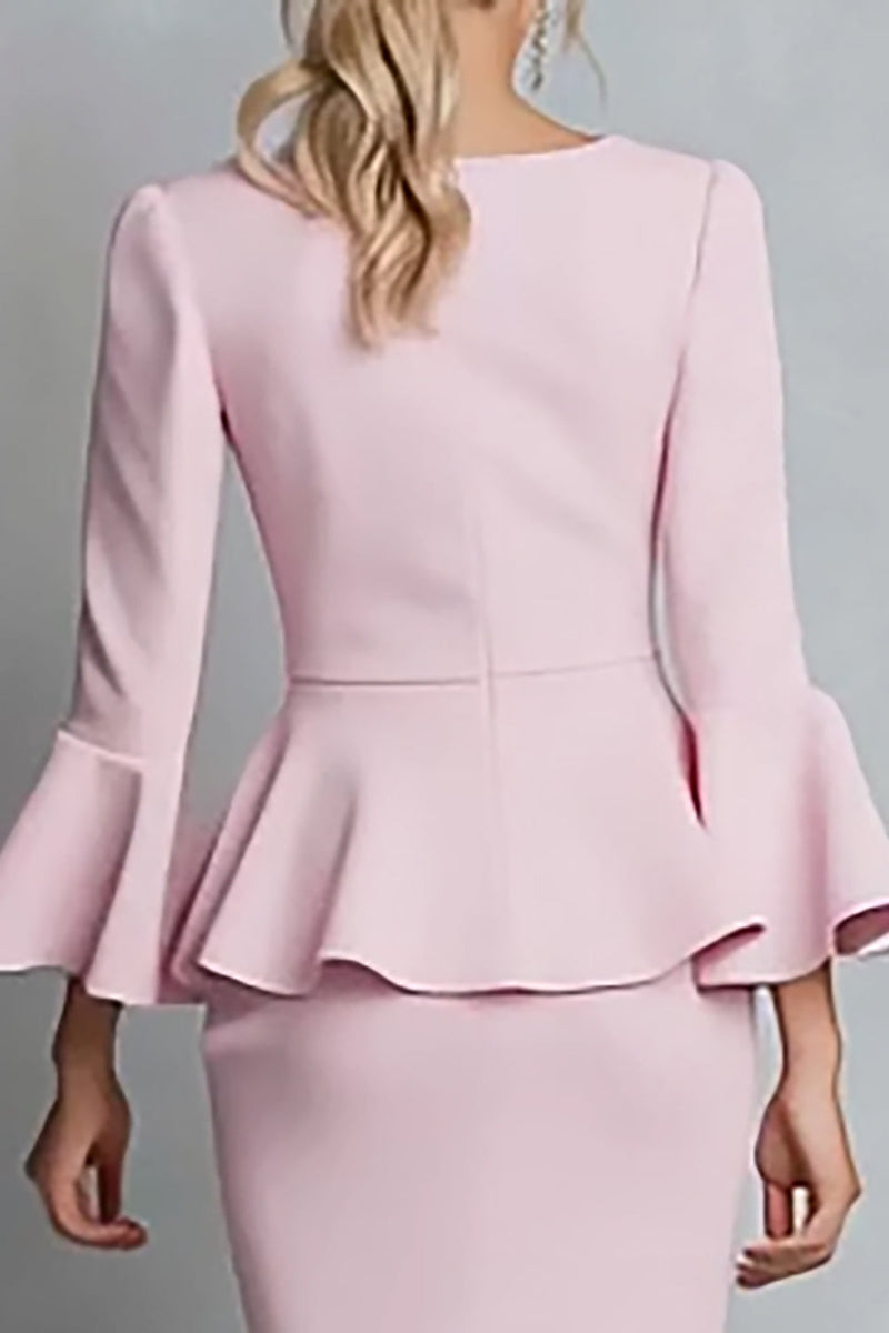 Load image into Gallery viewer, Pink Crepe Pencil V-Neck Long Sleeves Midi Work Dress with Ruffles