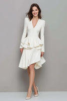Load image into Gallery viewer, Ivory Satin A Line V-Neck Ruffled Short Work Dress with Sleeves