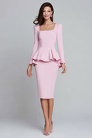 Load image into Gallery viewer, Pink Satin Pencil Square Neck Ruffled Midi Work Dress with Sleeves