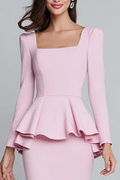 Load image into Gallery viewer, Pink Satin Pencil Square Neck Ruffled Midi Work Dress with Sleeves