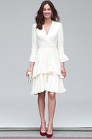 Load image into Gallery viewer, Ivory A Line V-Neck Satin Tiered Midi Work Dress with Sash