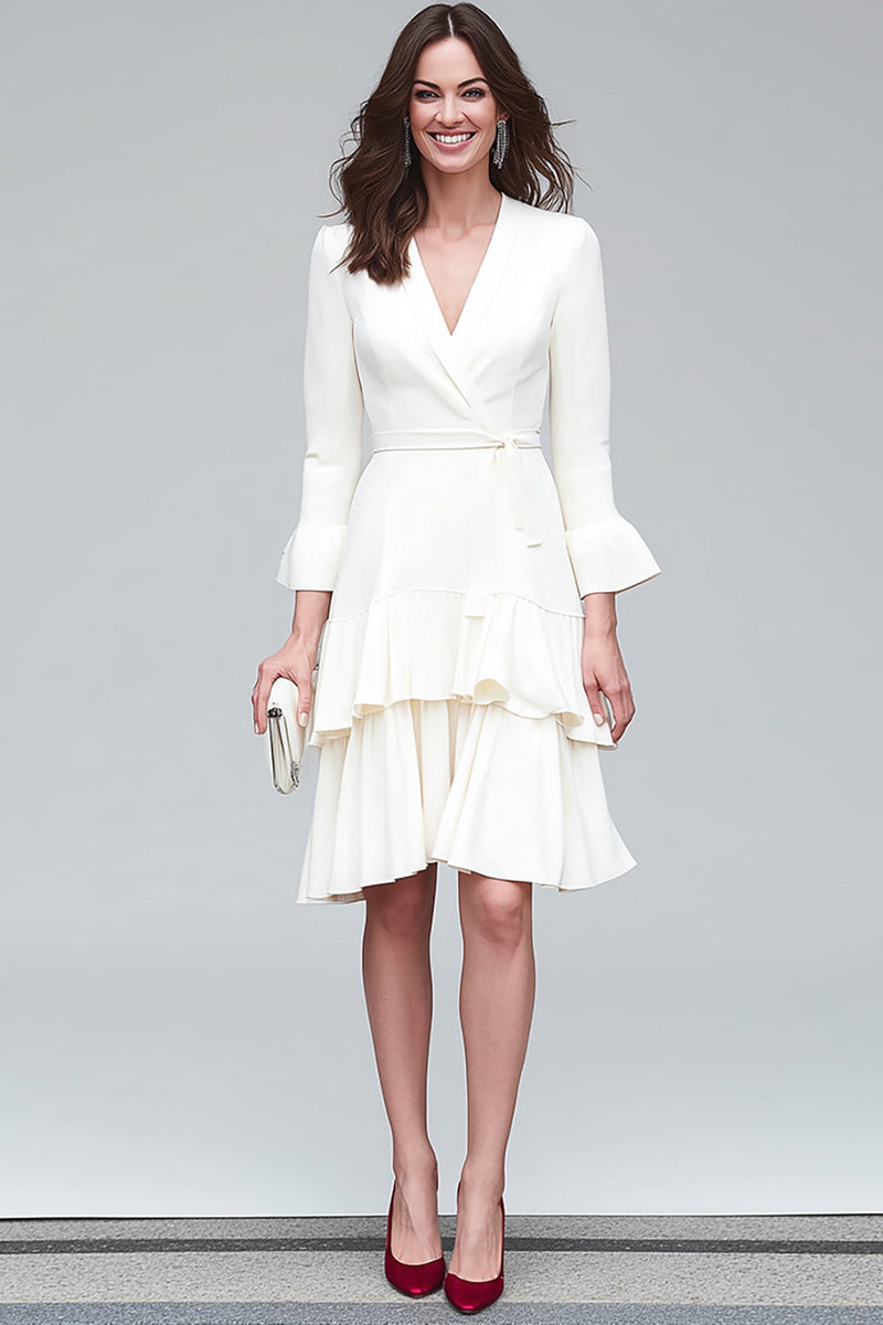 Load image into Gallery viewer, Ivory A Line V-Neck Satin Tiered Midi Work Dress with Sash