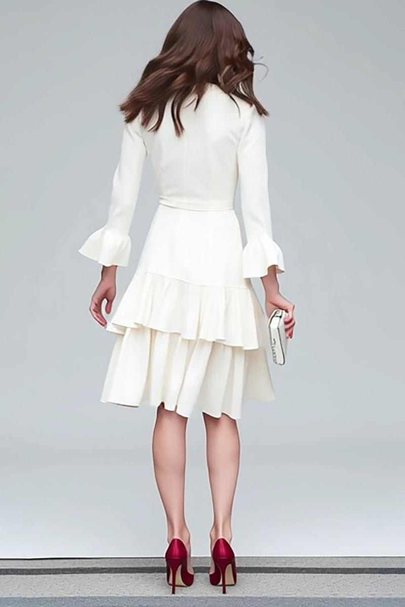 Load image into Gallery viewer, Ivory A Line V-Neck Satin Tiered Midi Work Dress with Sash