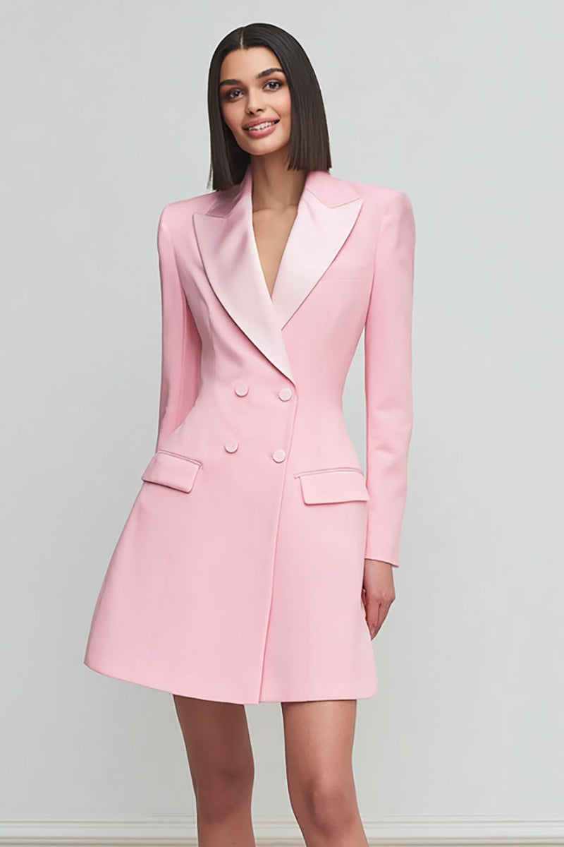 Load image into Gallery viewer, Pink Satin Peak Lapel Long Sleeves Double Breasted Short Blazer Dress