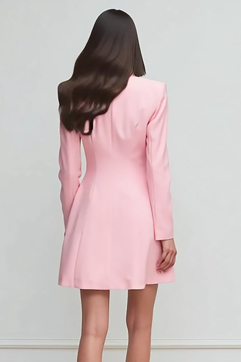 Load image into Gallery viewer, Pink Satin Peak Lapel Long Sleeves Double Breasted Short Blazer Dress