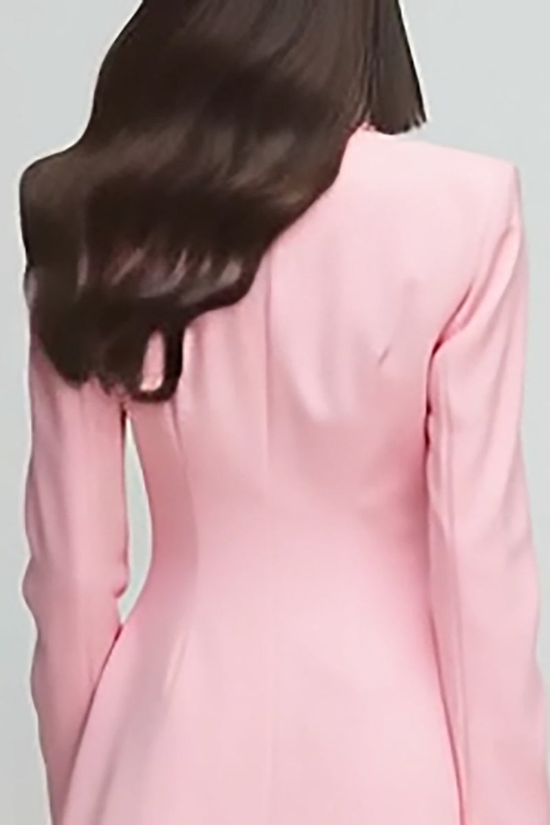 Load image into Gallery viewer, Pink Satin Peak Lapel Long Sleeves Double Breasted Short Blazer Dress