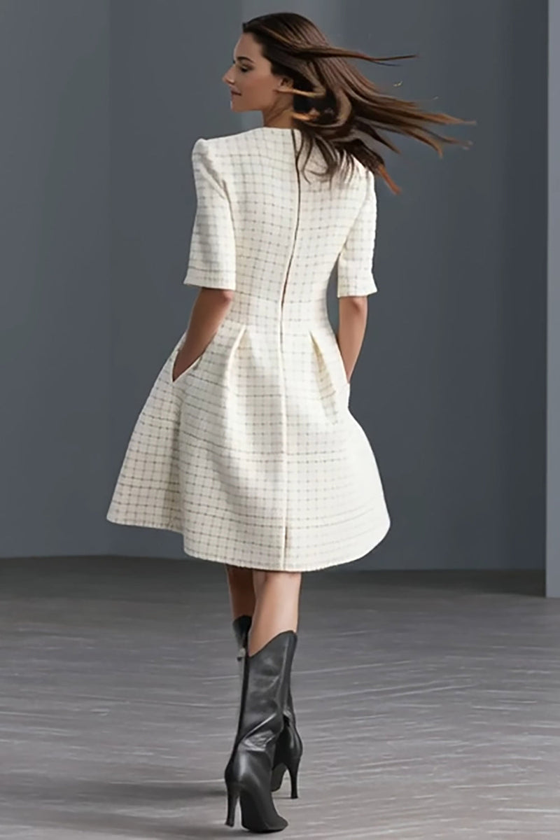 Queendancer Women Ivory Tweed Midi Work Dress with Pockets A Line Round  Neck Single Breasted Interview Outfits with Sleeves – queendancer