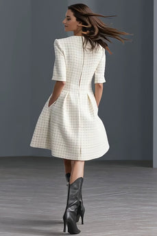 Ivory Tweed Round Neck A Line Midi Work Dress with Sleeves