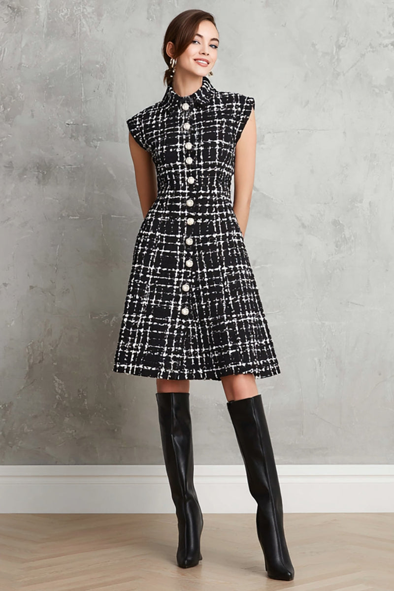 Load image into Gallery viewer, Black Tweed Plaid Single Breasted A Line Midi Interview Dress