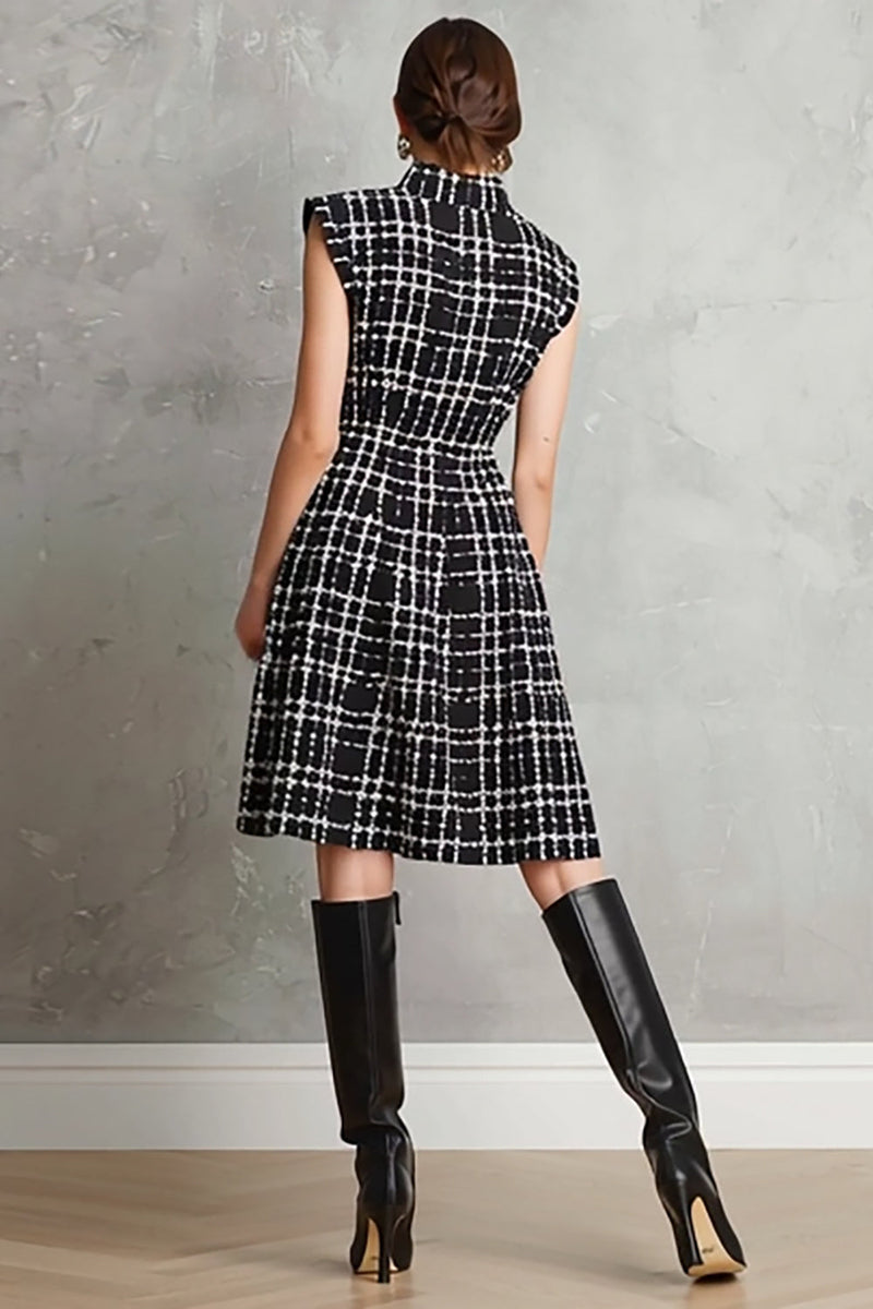Load image into Gallery viewer, Black Tweed Plaid Single Breasted A Line Midi Interview Dress