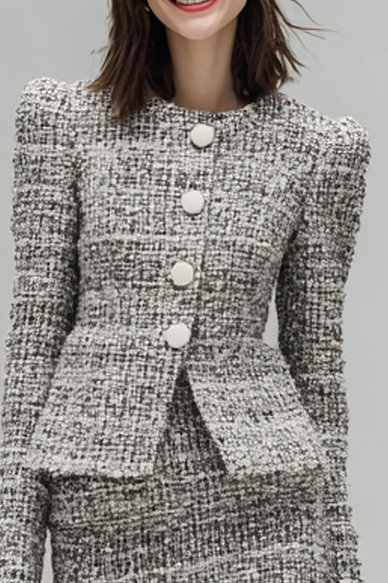 Load image into Gallery viewer, 2 Piece Grey Single Breasted Tweed Short Homecoming Outfits with Sleeves