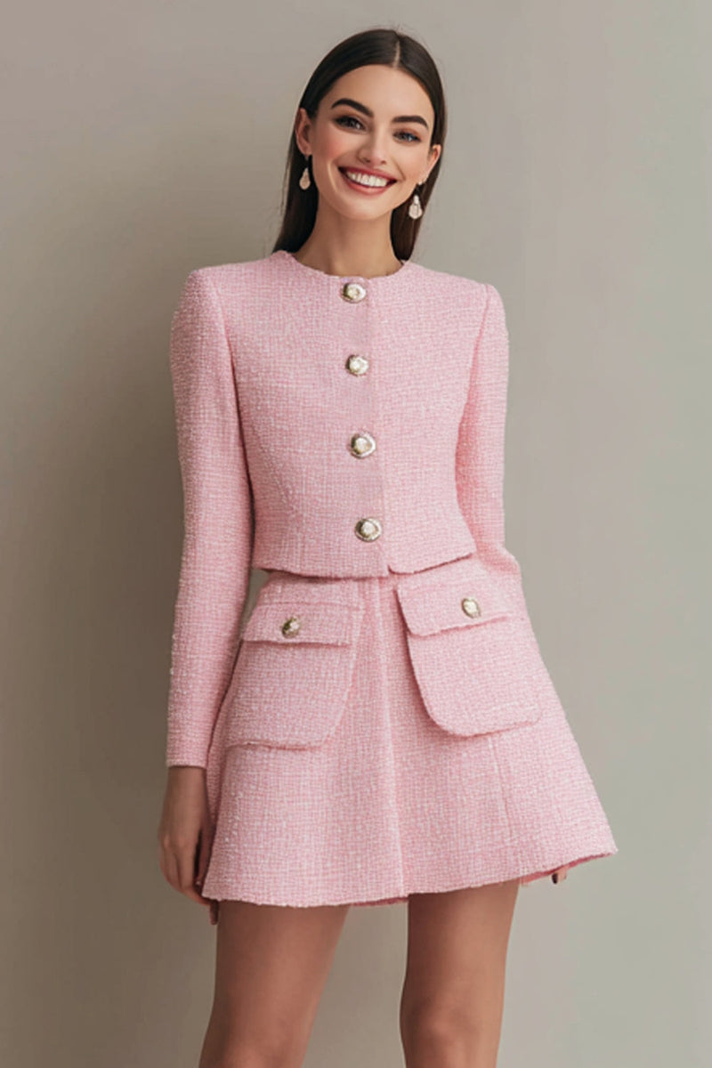 Load image into Gallery viewer, 2 Piece Pink Single Breasted Tweed Short Homecoming Outfits