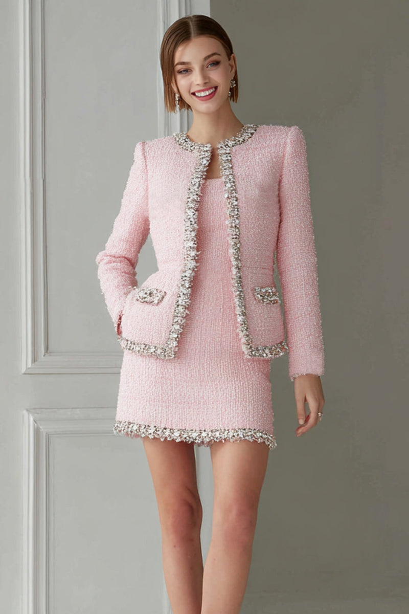 Load image into Gallery viewer, Queendancer Women Sparkly Pink Tweed Short Homecoming Outfits with Pockets Pencil 2 Piece Round Neck Pageant Interview Outfits with Sleeves