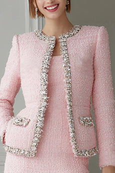 Sparkly Pink 2 Piece Pencil Short Tweed Homecoming Outfits with Pockets