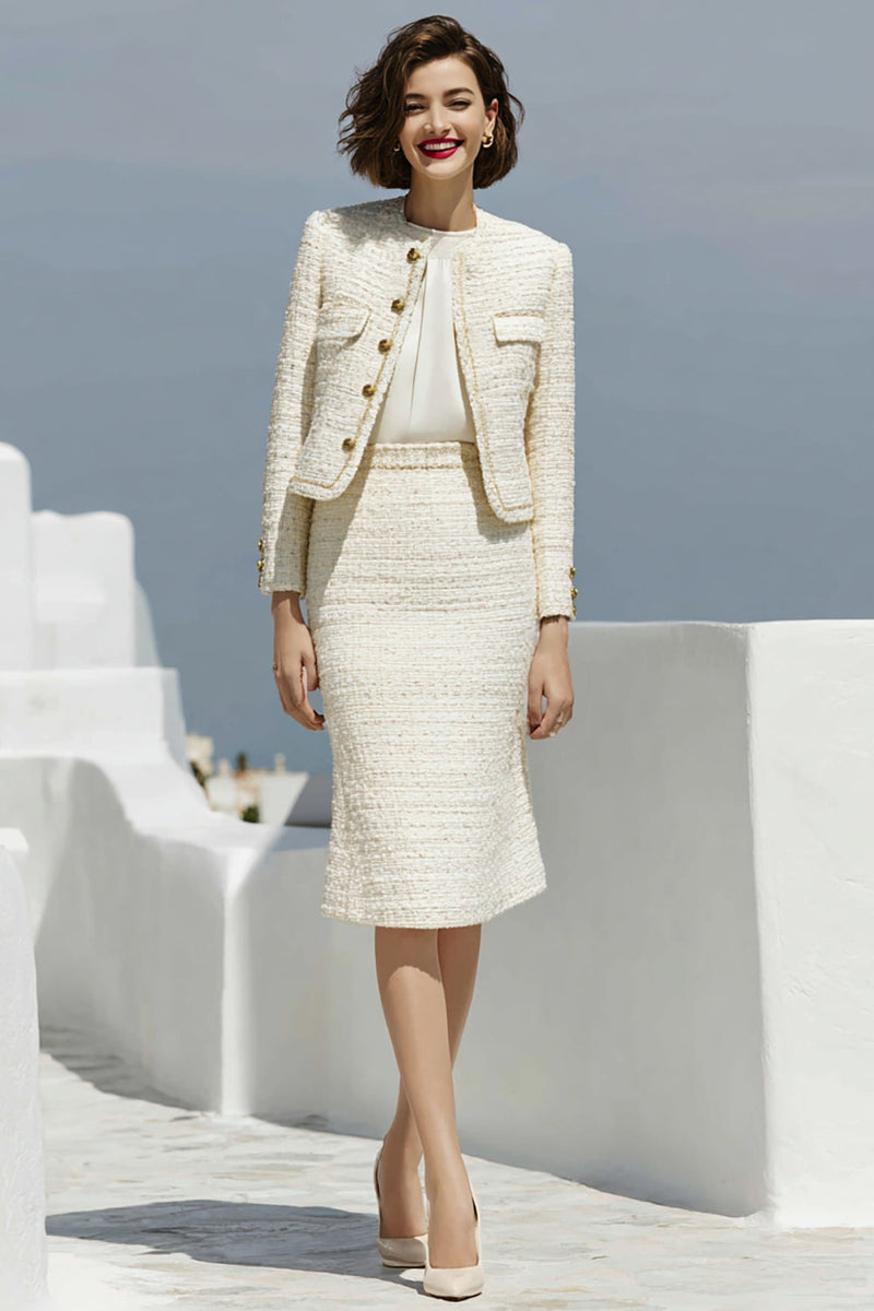 Load image into Gallery viewer, 2 Piece Ivory Tweed Pencil Single Breasted Midi Pageant Interview Outfits