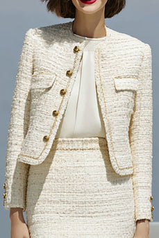 2 Piece Ivory Tweed Pencil Single Breasted Midi Pageant Interview Outfits