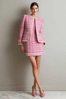 Load image into Gallery viewer, 2 Piece Pink Tweed Pencil Round Neck Short Homecoming Outfits