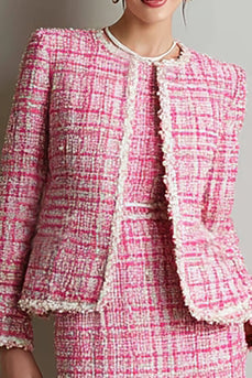 2 Piece Pink Tweed Pencil Round Neck Short Homecoming Outfits