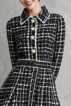 Black Tweed Collar Neck A Line Single Breasted Short Work Dress