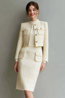 Load image into Gallery viewer, 2 Piece Ivory Tweed Pencil Single Breasted Short Pageant Interview Outfits