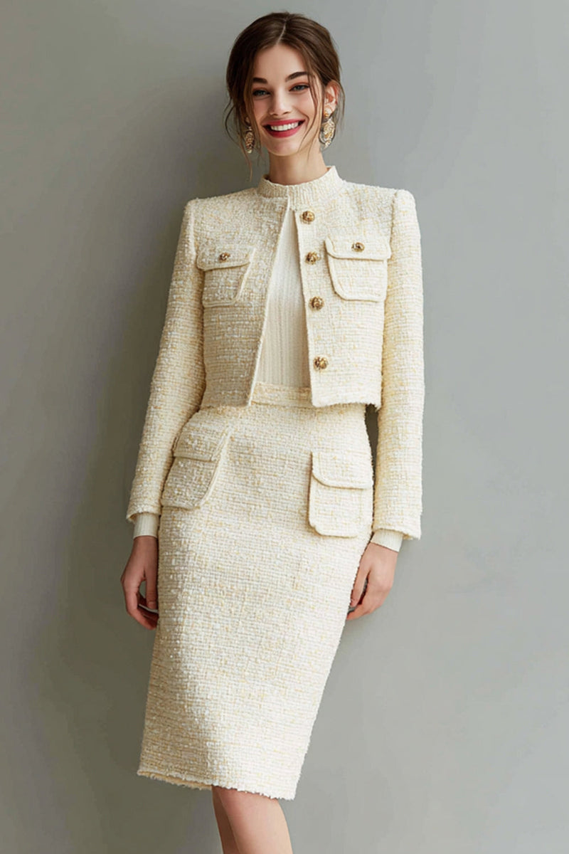 Load image into Gallery viewer, 2 Piece Ivory Tweed Pencil Single Breasted Short Pageant Interview Outfits